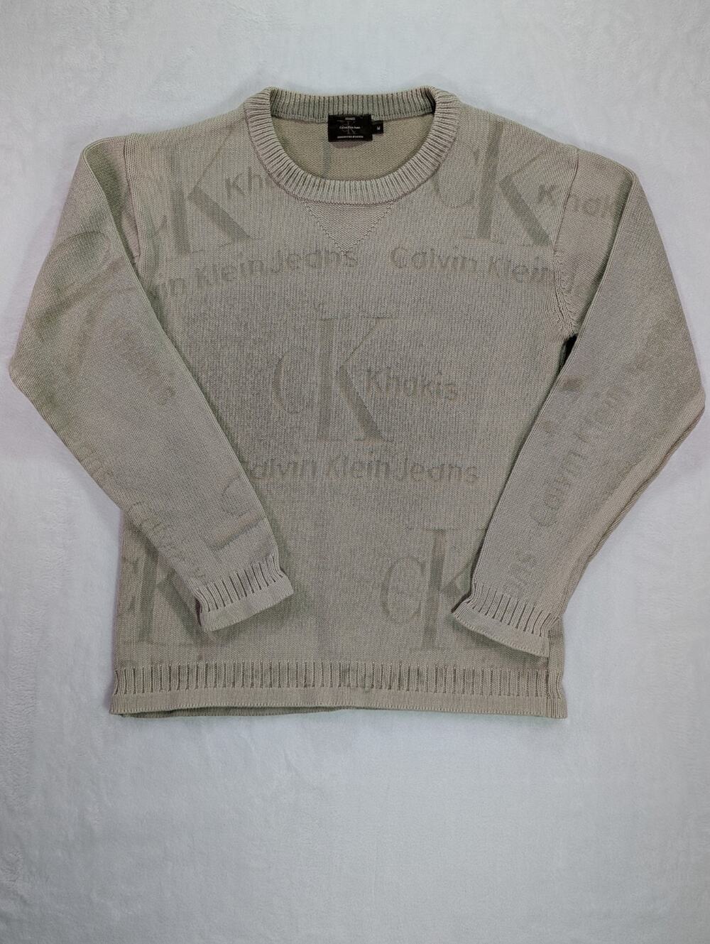 VTG 90s Calvin Klein Jeans Tonal Embossed Logo Crewneck Sweater Mens M Khaki USA